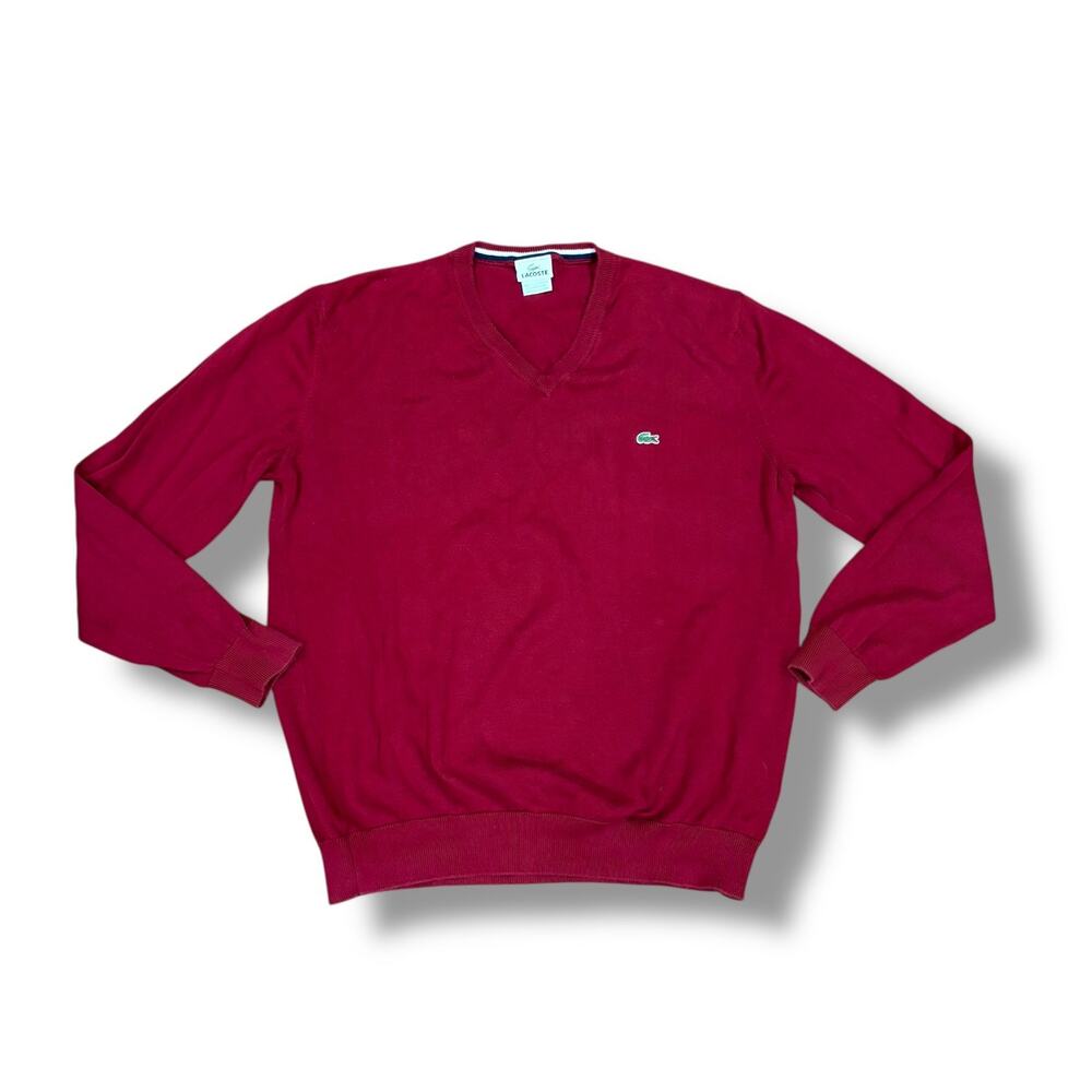 Lacoste Men's Size L (6) Red V-Neck Pullover Sweater 100% Cotton France